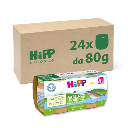 HiPP - Omogeneizzato di Pesce per Neonati, Gusto Merluzzo con Carote e Patate, Senza glutine e Senza Aggiunta di Sale e Aromi, 24 Vasetti da 80 g