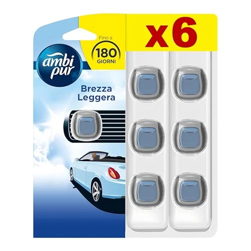 Ambi Pur Odświeżacz powietrza, 6 dezodorantów samochodowych, lekki zapach bryzy, eliminuje zapachy, łatwe zawieszanie, do 30 dni zapachów do dezodorantu, jednorazowy