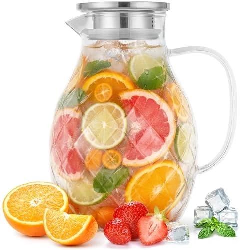 Jarra de vidrio borosilicato con tapa - Jarra para bebidas frías y calientes de capacidad 2L con diseño único de diamante, jarra de bebida para té helado casero y jugo, transparente, plata
