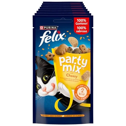 Offerta a tempo: FELIX Party Mix Snack per Gatti Adulti con Formaggio Cheddar, Gouda e Edamer 8 Confezioni da 60g - 47% da 18.32 € a 9.69 €