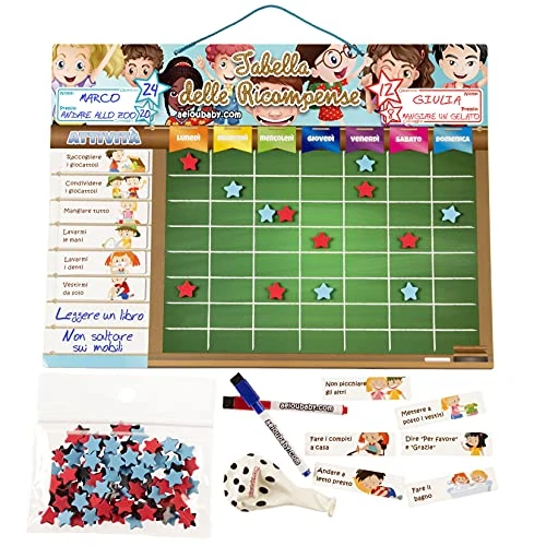 Offerta a tempo: TABELLA DELLE RICOMPENSE Magnetica Grande | Lavagna dei Rinforzi per Parete o Frigorifero, 43x32 cm 22 Attività, 2 Pennarelli e 1 Palloncino | Scatola regalo per bambini e compleanni (Italiano) - 0.00% da 23.90 € a 23.90 €