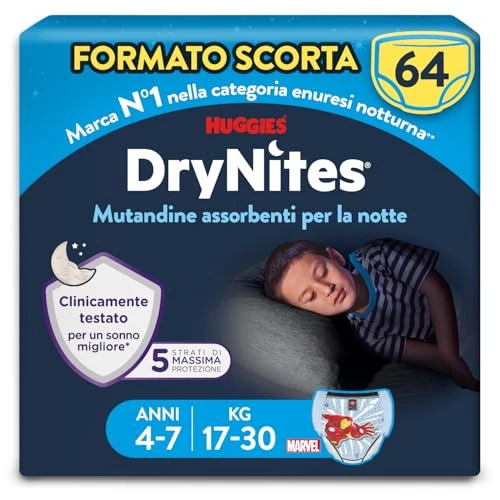 Offerta a tempo: Huggies Drynites Pannolini Mutandine assorbenti bambino, Taglia M (17-30 Kg), Design Marvel, 64 Pz - 23% da 56.38 € a 43.49 €