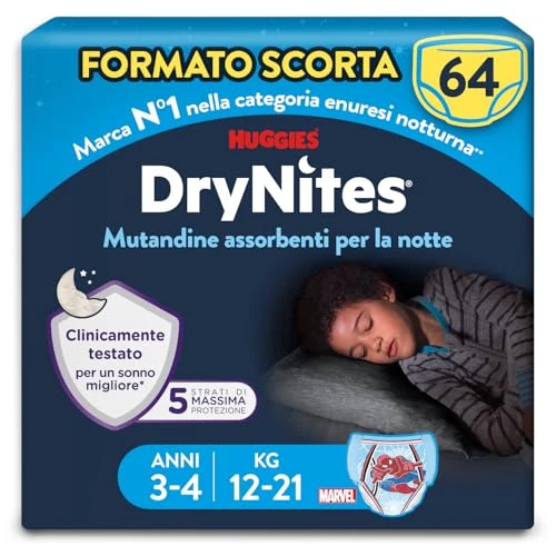 Huggies DryNites luierbroekjes - 3-4 jaar Jongen (12-21 kg) - 64 super absorberende nachtbroekjes tegen bedplassen - voordeelverpakking