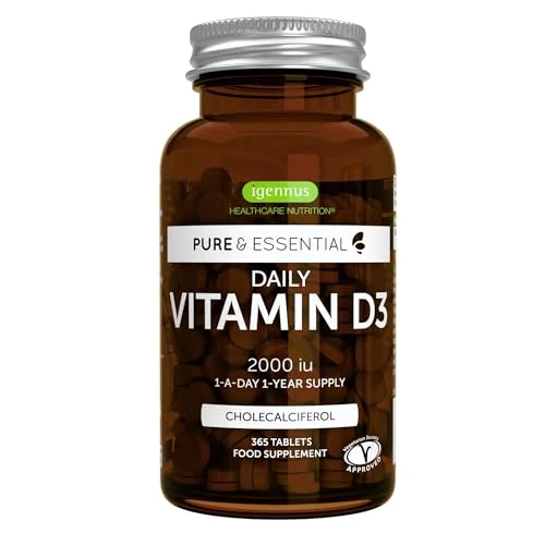 Vitamine D3 Quotidienne 2000 UI Cholécalciférol, 1 par jour, Cure d’un an, Formule Pure, Défenses Immunitaires, Soutient des Os, Dents & Muscles, 365 Petits Comprimés Végétariens, par Igennus
