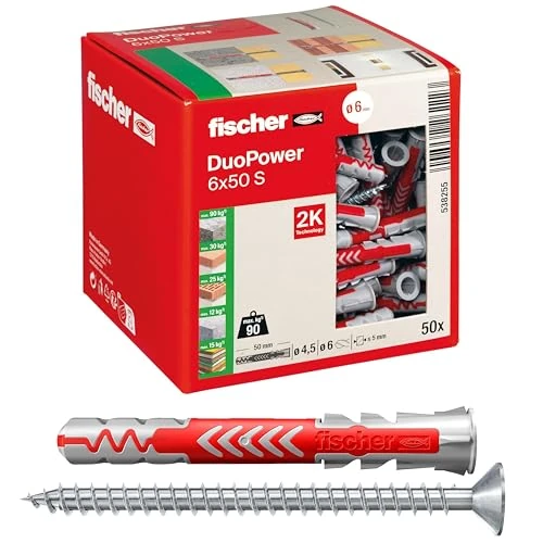 Fischer 50 Tasselli Lunghi Duopower con Vite 6x50 mm Universali, per il Fissaggio di Mensole, Pensili, Staffe Porta TV su Muro e Forati, 538255