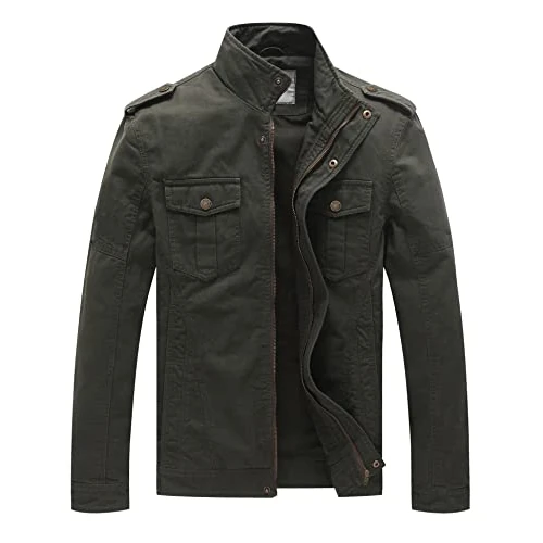 Limited-time offer: WenVen Men's Casual Cotton Jacket Outdoor Lightweight Leisure Jacket Classic Full-Zip Jacket Military Jacket Army Green S from 48.85 GBP to 33.64 GBP (save 31%)