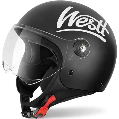 Offerta a tempo: Westt Casco Moto Hombre Mujer - Casco Moto Jet ECE 22.06 Homologado - Casco Scooter con Visera Transparente - Ligero 1100g - Interior Desmontable y Lavable - Tallas S - XL - 22% da 69.00 € a 54.14 €