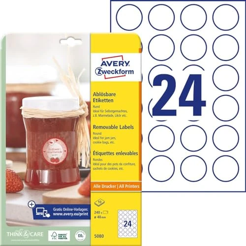 Avery Zweckform 5080 Jam Labels, A4, 240 Round Labels Removable, Diameter 40 mm 10 Sheets White