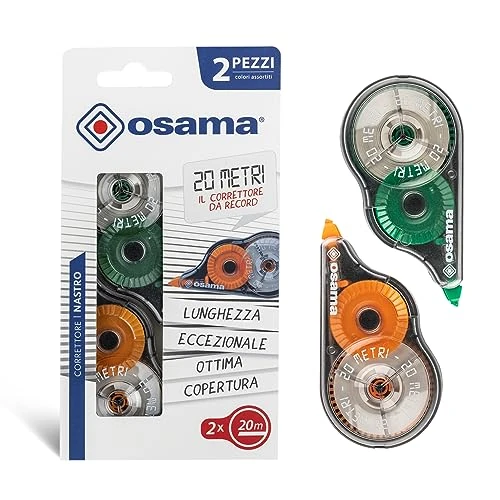 OSAMA - Bianchetto a Nastro, 2 Pezzi x 20 Metri (Tot 40m), Correttore a Nastro Cancelleria Scuola e Ufficio - Scolorina Set Utile per Cartoleria e Cose per la Scuola, Scorrevole e Coprente, Multicolor