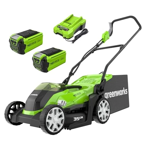 Zeitlich begrenztes Angebot: Greenworks 40V Kabelloser Akku Rasenmäher für Flächen bis zu 400 m², 35 cm Schnittbreite G40LM35K2X, 40-Liter-Sack PLUS zwei 40 V 2Ah-Akkus und Ladegerät, 3 Jahre Garantie von 319.99 € auf 227.99 € (29% Rabatt)