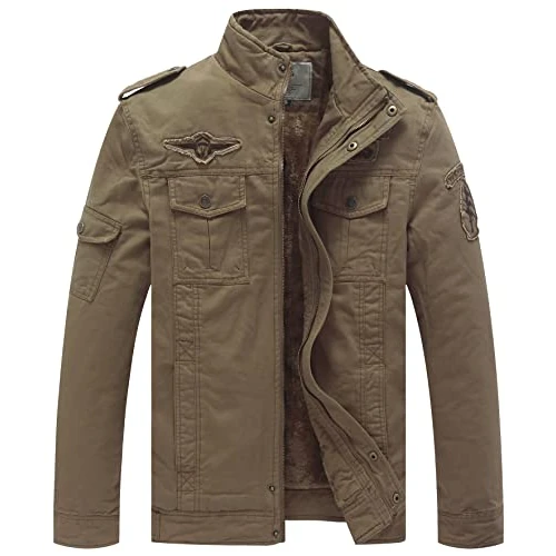 WenVen Men's Winter Warm Jacket Thickened Fleece Coat Stand Collar Windproof Parka Jackets Military Style Outerwear Coats Khaki S