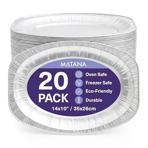 MATANA 20 Large Aluminium Foil Platters, 14" (35x26cm) – Disposable & Reusable Serving Trays with Raised Edges & Extra Depth – Oven & Freezer Safe Buffet Platters for Party Food, Christmas & Catering