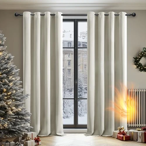 Deconovo Zasłony zaciemniające z izolacją termiczną, zasłony do salonu i sypialni, nowoczesny design z oczkami, 140 x 290 cm (szerokość x wysokość), jasny beż, 2 sztuki