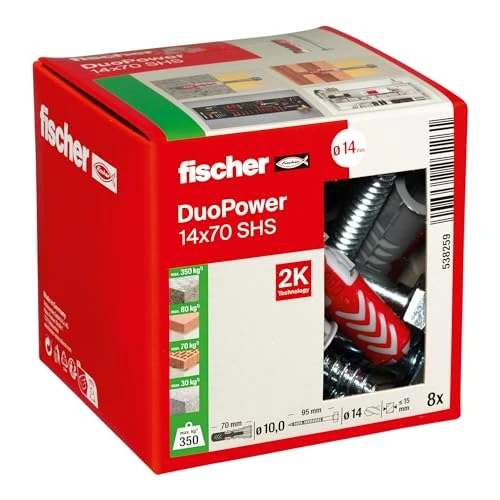 Zeitlich begrenztes Angebot: fischer DUOPOWER 14 x 70 S, Universaldübel mit Sicherheitsschraube, 2-Komponenten-Dübel, Kunststoffdübel zur Befestigung in Beton, Ziegeln, Stein uvm., 8 Dübel + 8 Schrauben von 12.79 € auf 11.99 € (6% Rabatt)