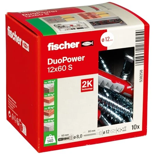 Oferta limitada: fischer - DUOPOWER 12 x 60 S, tacos y tornillos para pared universales, para fijación en hormigón, ladrillo, piedra, cartón yeso, (10 tacos 12 x 60 + 10 tornillos 12 x 80) de 12.64 € a 12.64 € (ahorro 0.00%)