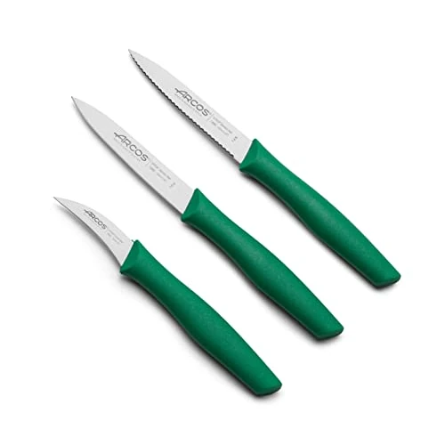 ARCOS 3 Pieces Paring Knife Set, 3 Peeling Knives of Stainless Steel and Ergonomic Polypropylene Handle for Cutting Fruits, Vegetables and Tubers, Series Nova, Color Green