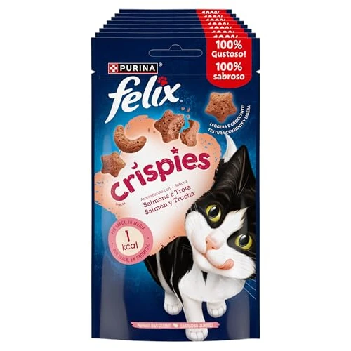 Purina Felix Crispies, Snack para gato adulto, premio para Gato con Salmón y Trucha, Pack de 8 bolsas de 45g