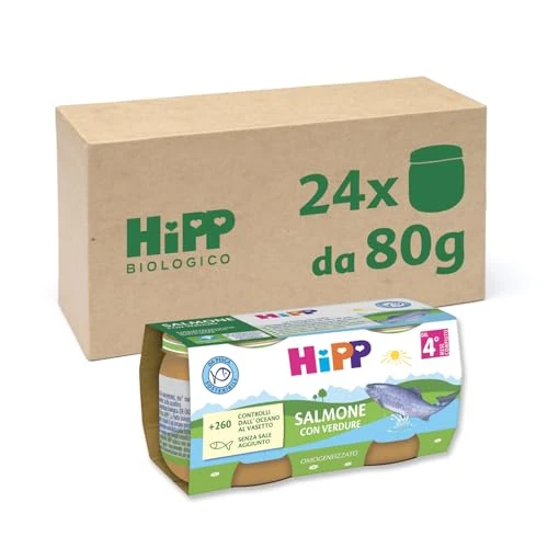 Offerta a tempo: HiPP - Omogeneizzato di Pesce per Neonati, Gusto Salmone con Verdure, Senza glutine e Senza Aggiunta di Sale e Aromi, 24 Vasetti da 80 g - 0.00% da 31.08 € a 31.08 €