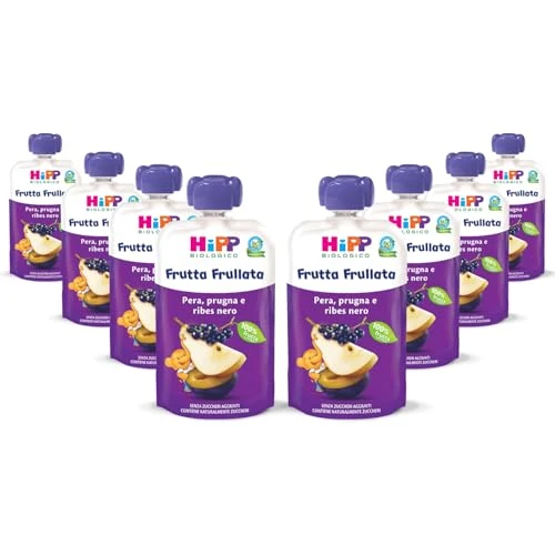 HiPP - Frutta Frullata Bio per Bambini, Purea 100% Frutta al Gusto Pera, Prugna e Ribes Nero, Senza Zuccheri Aggiunti, 8 Confezioni da 90 g