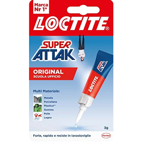 Offerta a tempo: Loctite Super Attak Original Scuola e Ufficio, Colla Liquida Trasparente con Tripla Resistenza e Istantanea, Colla Resistente per Gomma, Metallo, Ceramica, Legno, Cuoio, Pelle, 1 x 3 g - 15% da 3.99 € a 3.38 €