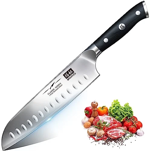 SHAN ZU Koksmessen Santoku-Mes 7 inch Duitse Koolstofarme Roestvrijstalen Messen, Super Scherp Koksmes Professioneel Mes Ideaal Voor Thuis en Keuken