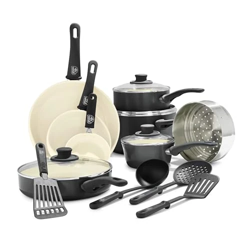Tijdelijke aanbieding: GreenLife Soft Grip Gezonde Keramische Antiaanbaklaag 16-delige Pannenset met Braadpan, Steelpan en Kookpan, PFAS-vrij, Vaatwasmachinebestendig, Ovenbestendig, Zwart en Crème van 147.99 EUR naar 58.45 EUR (korting 61%)