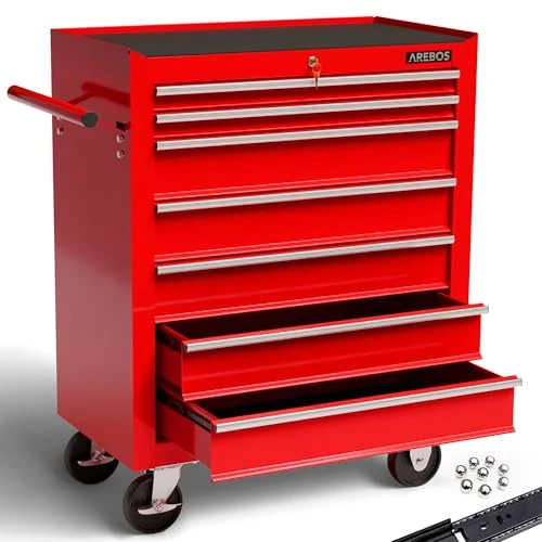 Oferta limitada: Arebos Carro de Taller 7 Compartimentos | Cierre centralizado | Revestimiento Antideslizante | Ruedas con Freno de estacionamiento | Metal Macizo | Rojo de 169.90 € a 169.90 € (ahorro 0.00%)