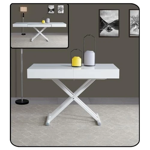 Limited-time offer: VOLERO' ; Table Lift-top Coffee to Dining Table,Transformable Space-Saving Table, Achille Large Model, Sliding Mechanism with Millimeter Height Adjustment (Lacquered White, White Legs) from 999.00 £ to 999.00 £ (save 0.00%)