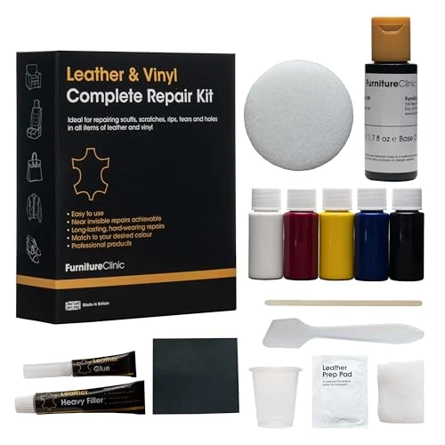 Furniture Clinic Kit Completo de Reparación de Cueros - 12 Opciones de Colores para Sofás, Asientos de Coche - Remienda, Rellena y Retoca Arañazos, Desgarros y Otras Áreas Dañadas (Negro)