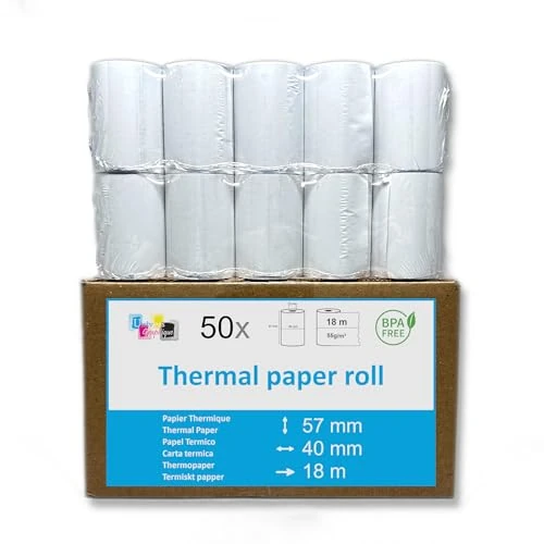 Offerta a tempo: 50 Rotoli di Carta Termica 57 x 40 mm per Stampare Scontrini Carta Bianca di Alta Qualità - 0.00% da 22.99 € a 22.99 €