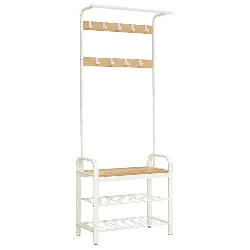 Offerta a tempo: VASAGLE Appendiabiti con Scarpiera, Mobile da Ingresso con Panca, 4 in 1, 9 Ganci Rimovibili, Barra Attaccapanni, Entrata Corridoio, 33,7 x 72 cm, Moderno, Rovere e Bianco HSR40W - 15% da 49.99 € a 42.49 €