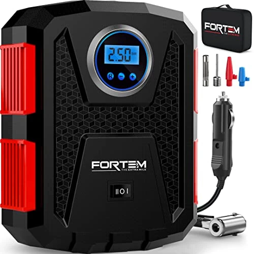 FORTEM Tyre Inflator Air Compressor, Car Tyre Pump, Car Tire Inflator 12v, Electric Car Pump For Tyres w/LED Light, Digital Tire Inflator for Bikes, Auto Pump/Shut Off, Carrying Case