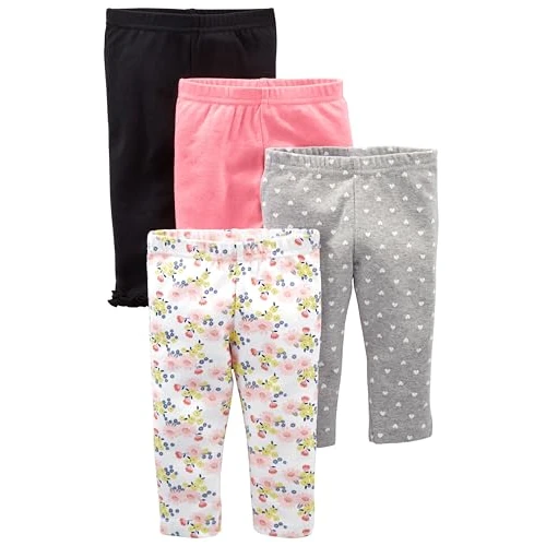 Simple Joys by Carter's Baby Girls' 4-Pack Pant, Black/Grey Hearts/Pink/White Floral, 0-3 Months