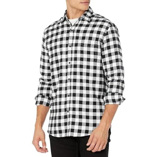 Amazon Essentials Camisa de franela de manga larga Hombre, Negro Cuadros de Vichy Grandes, XL