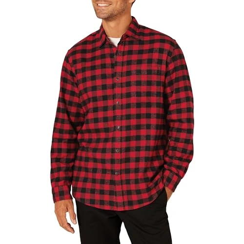 Offerta a tempo: Amazon Essentials Camicia in flanella a maniche lunghe Uomo, Nero Rosso Buffalo Plaid, L - 0.00% da 19.90 € a 19.90 €