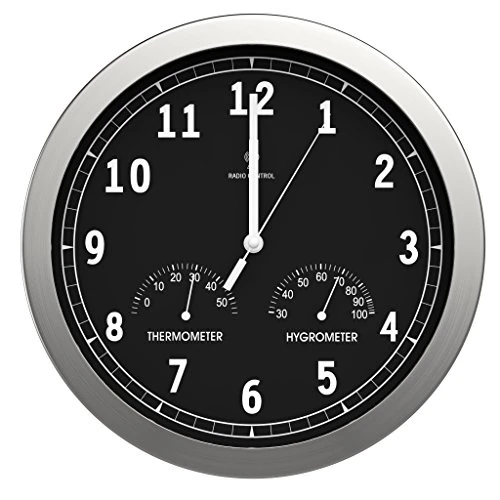 bonVIVO Timerider Radiogestuurde wandklok, zeer nauwkeurig, stille wandslinger voor woonkamer/keuken/kantoor, aluminium wandslinger met geïntegreerde thermometer en hygrometer, 30,5 cm