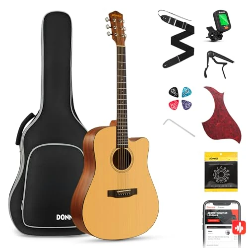 Donner Guitarra Acústica 4/4 Guitarra Acústica Kit Abeto Caoba de Adulto Dreadnought Cutaway 41 Pulgadas con Funda Correa Cejilla Cuerdas Afinador(DAG-1C)