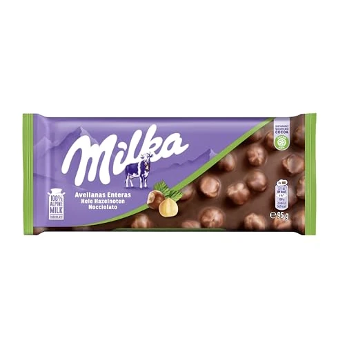 Milka Schokoladentafel mit Alpenmilch mit ganzen Haselnüssen, 95 g