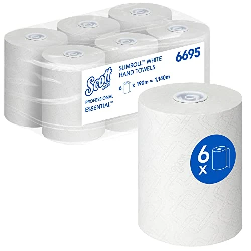 Limited offer: Scott Essential Slimroll White Paper Towel Rolls, Airflex Technology, Food Contact & European Ecolabel Certified, Compatible with Aquarius Dispensers, 6 Rolls x 190m (1,140m Total), model nr. 6695 from 65.99 EUR to 49.49 EUR (save 25%)
