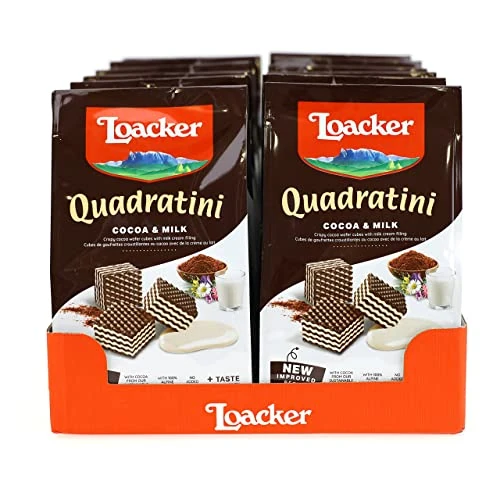 Loacker - Quadratini Cocoa+Milk - Cubetti da Mangiare in un Boccone, con Cinque Strati di Cialdine Wafer al Cacao e Quattro di Crema al Latte - Merenda e Snack - 12 Sacchettini Richiudibili