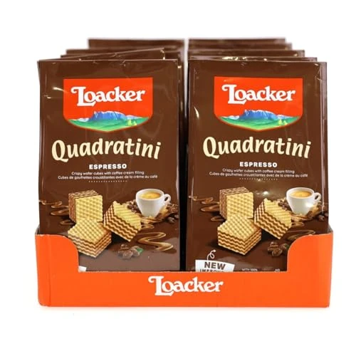 Offerta a tempo: Loacker, Quadratini Espresso, Cubetti da Mangiare in un Boccone, con Cinque Strati di Cialdine Wafer e Quattro di Crema al Caffè Espresso, Snack Dolci per Colazione, 12 Sacchettini Richiudibili - 4% da 25.25 € a 24.28 €