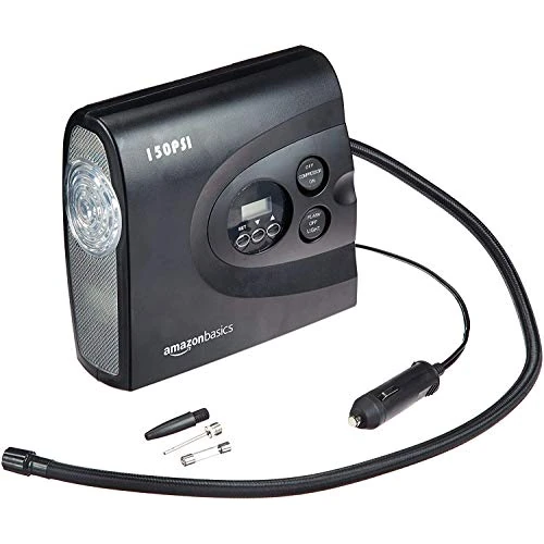 Amazon Basics Compressore d'aria portatile compatto, gonfiaggio pneumatici, spegnimento automatico con luce LED, CC 12 V, 150 PSI, nero