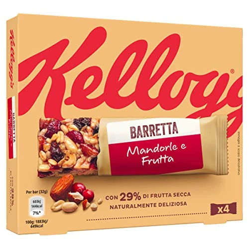 Offerta a tempo: Kellogg's Barretta | Gusto Mandorle e Frutta | Ricca di Fibre e con 29% di Frutta Secca | 4 barrette da 32g (Confezione da 128g) - 32% da 3.09 € a 2.09 €
