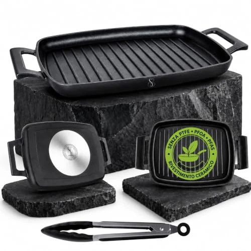 Offerta a tempo: Stone&Stone Bistecchiera Induzione XL 47×29 cm, Piastra Grill Rettangolare Antiaderente ceramico tedesco Senza PFAS PTFE PFOA, Fondo Acciaio, Compatibile Gas e Forno - 0.00% da 59.99 € a 59.99 €