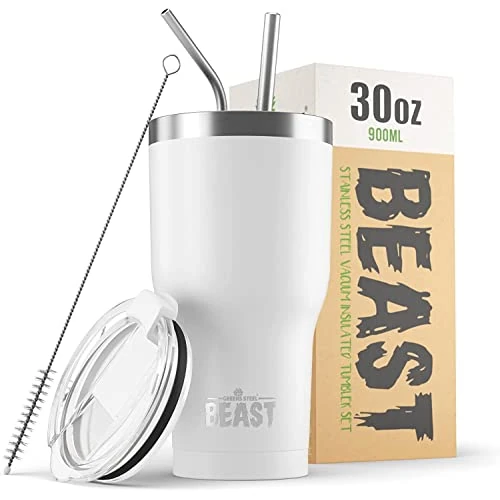 Offerta a tempo: BEAST Tazza Termica da Viaggio - 900 ml I Bianco Artico I Doppia Parete Inox Termos Caffè Isolato I con 2 Cannucce Riutilizzabili & Spazzolino per Pulizia I Ideale per Caffè Freddo o Caldo - 32% da 35.00 € a 23.64 €