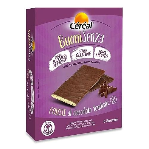 CÉRÉAL BUONI SENZA, Golosi al cioccolato fondente, Snack senza zuccheri aggiunti, Biscotti ricoperti di cioccolato senza glutine e senza lievito, 77 calorie per barretta, 102 gr, 6 barrette