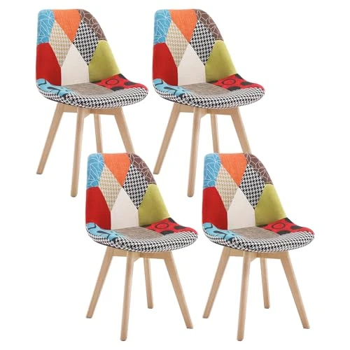 Offerta a tempo: WOLTU Set di 4 Sedia per Sala da Pranzo, Sedia da Scrivania con Schienale | Rivestimento in Tessuto di Lino, Patchwork, Gambe in Legno, Moderno - 13% da 184.99 € a 160.64 €