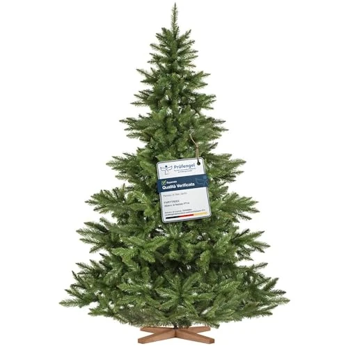 FairyTrees Artificial Christmas Tree – Nordmann Fir, 220 cm (7 ft), Realistic PVC Branches, Handcrafted Ash Wood Stand, Made in EU.