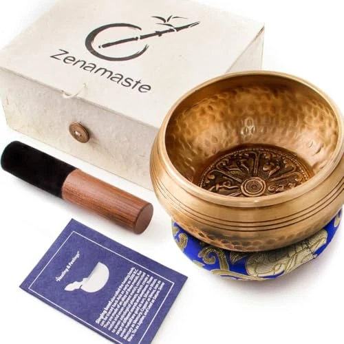 Tibetan Singing Bowl Zenamaste® (450 g / 11.5 cm) - Meditation Bowl -Hand Made In The City Of Bhaktapur, Nepal | + Nepalese Paper Box | + Cushion | + Wooden Mallet