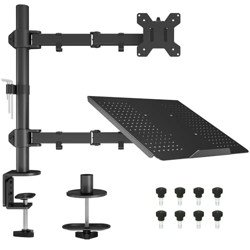 BONTEC Monitor Arm with Laptop Tray, Laptop Desk Mount for 13-27 Inch Screen and 17 Inch, Height Adjustable Full Motion VESA Mount, Tilt Swivel 360° Rotation, Cable Management Included